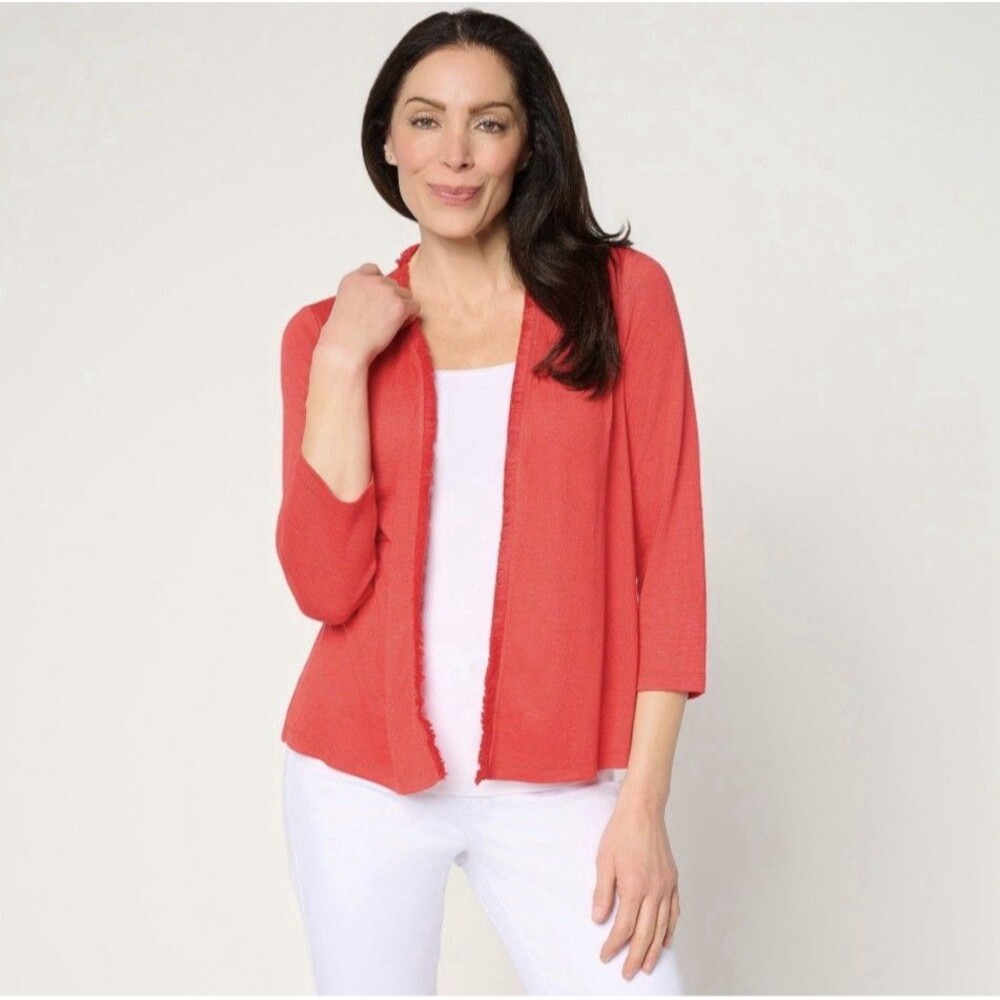 Denim & Co. Essentials Slub Knit 3/4 Sleeve Shrug Cardigan Size M Red Muse
